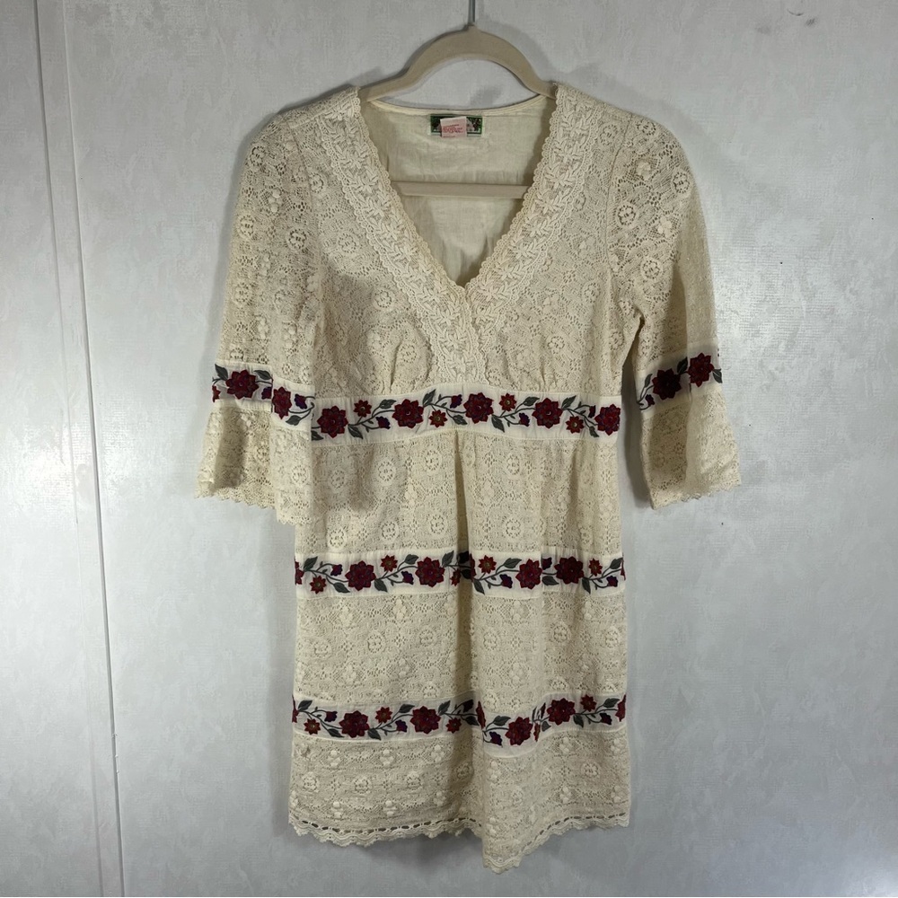 Flying Tomato Off White Lace Mini Dress with Red Rose Floral Design